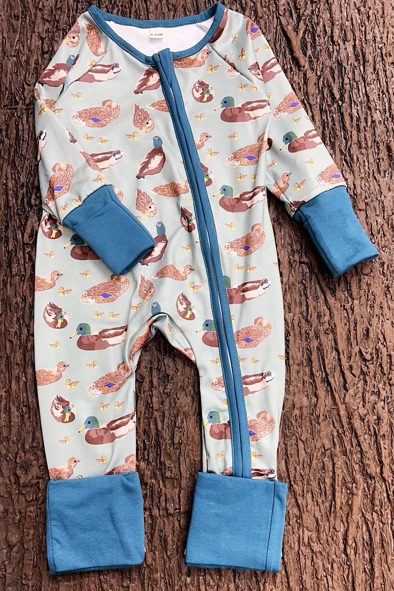 Green Mallard Duck printed baby romper w/foldable footie & hands. LR0425-7-S-