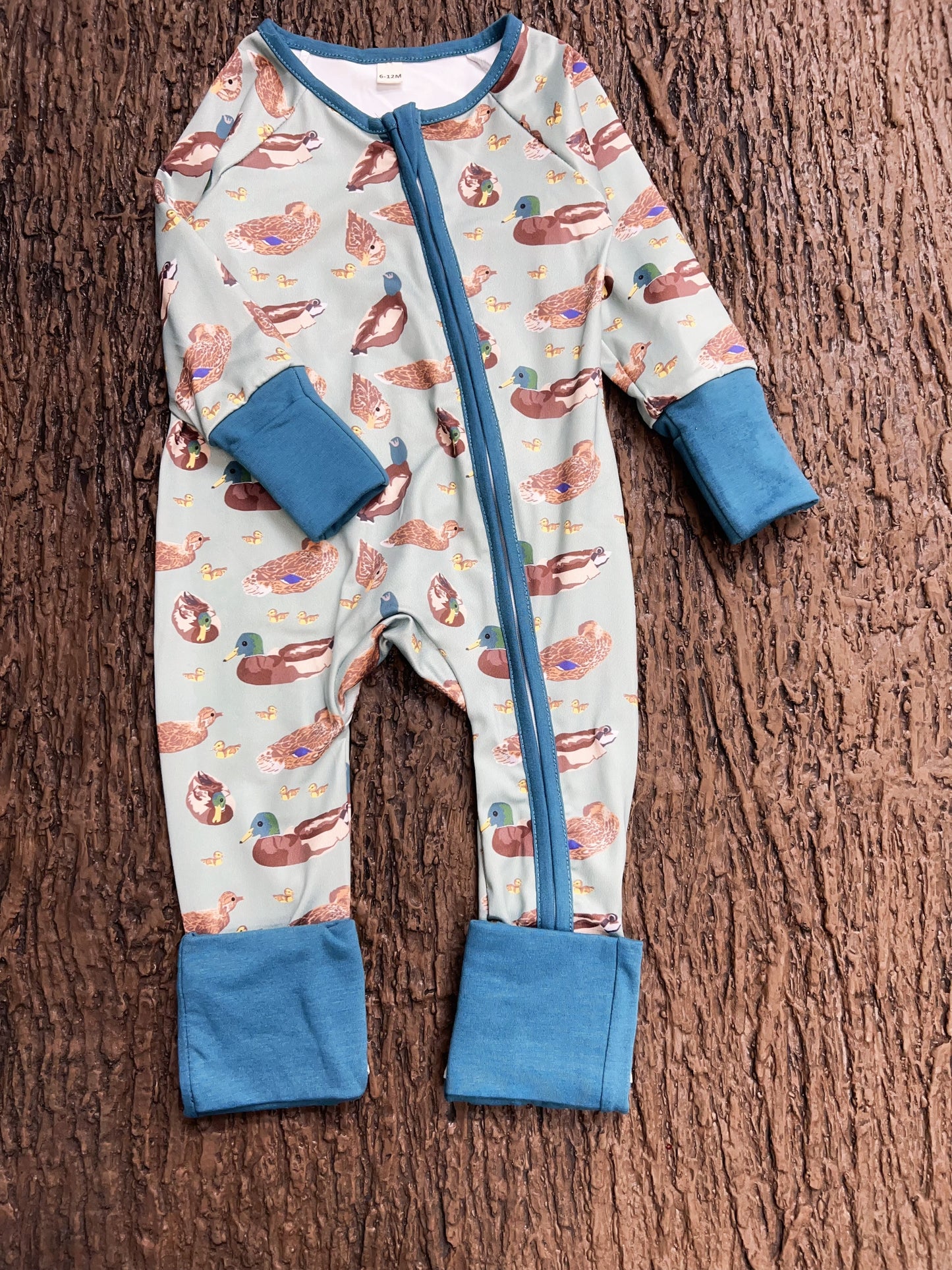 Green Mallard Duck printed baby romper w/foldable footie & hands. LR0425-7-S-