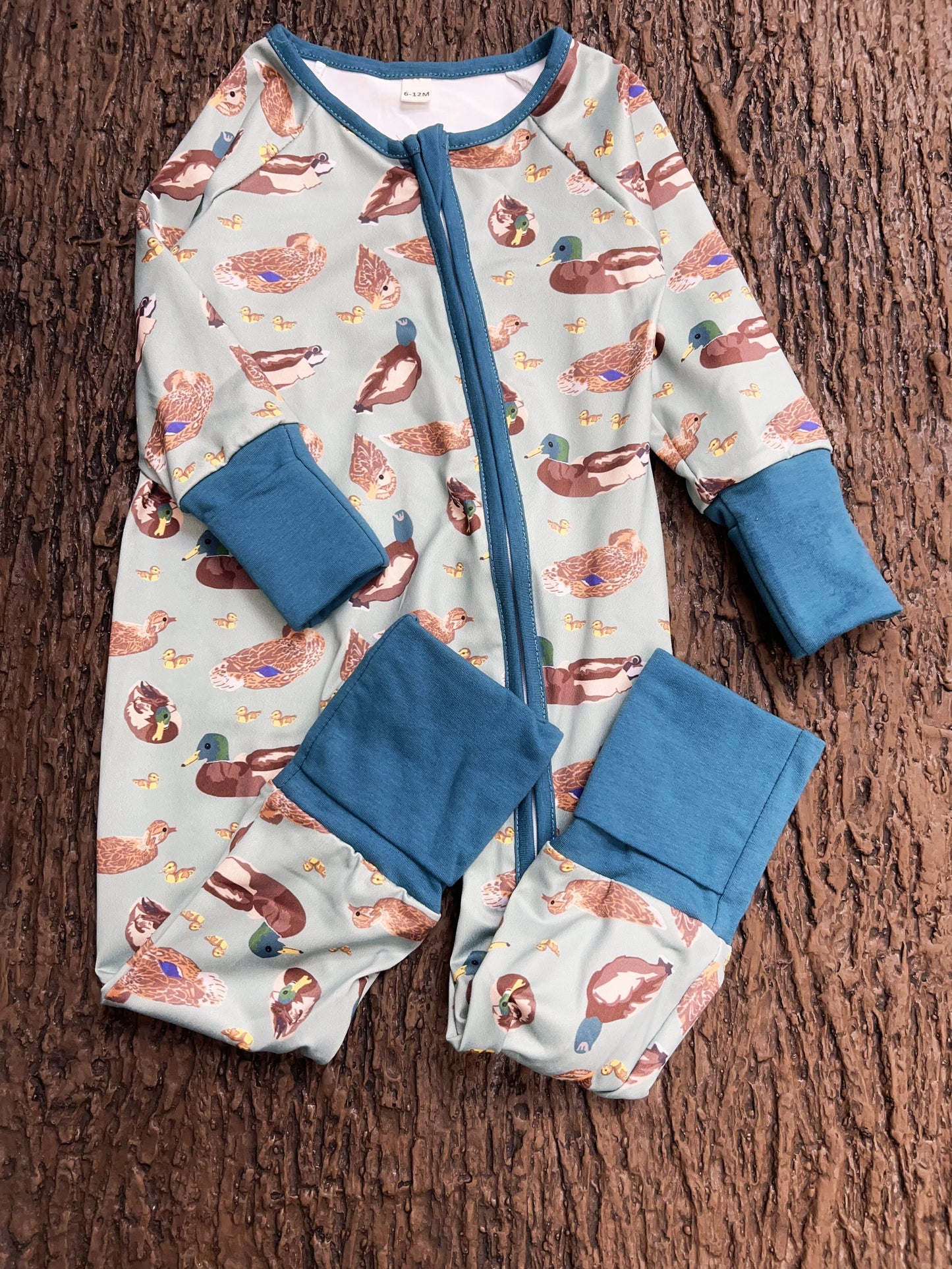 Green Mallard Duck printed baby romper w/foldable footie & hands. LR0425-7-S-