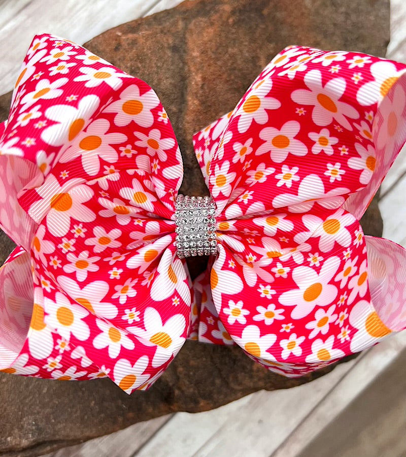 Pink floral printed double layer hair bows.