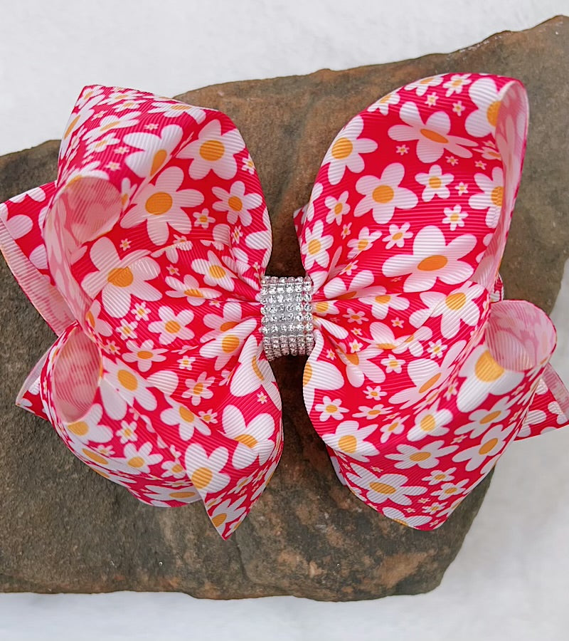 Pink floral printed double layer hair bows.