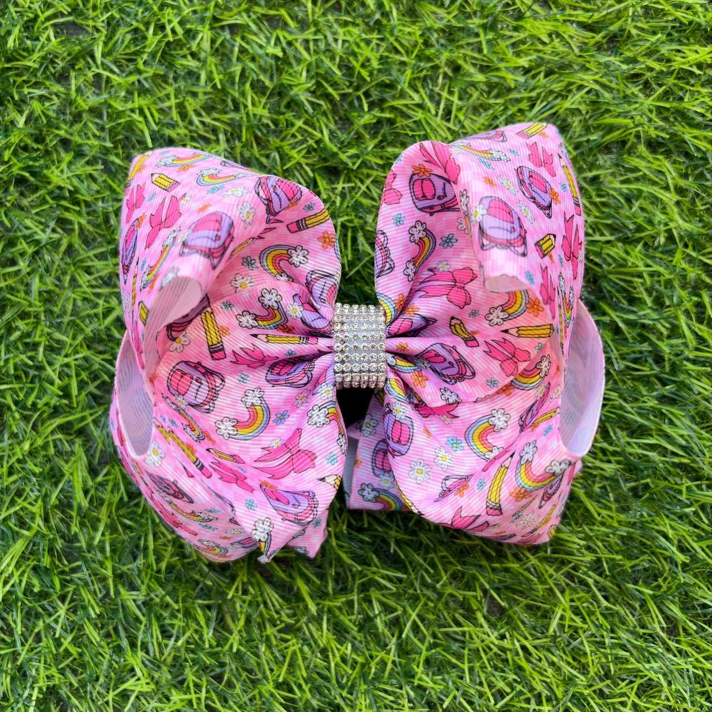Pink checkered/ rainbow back to school double layer hair bows.  BW-DSG-5145