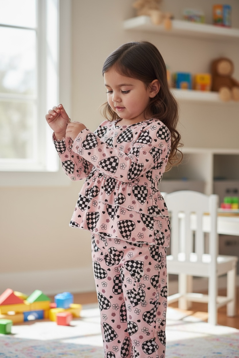 Checker heart printed girls tunic & pants.