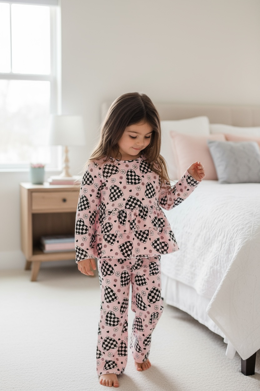 Checker heart printed girls tunic & pants.