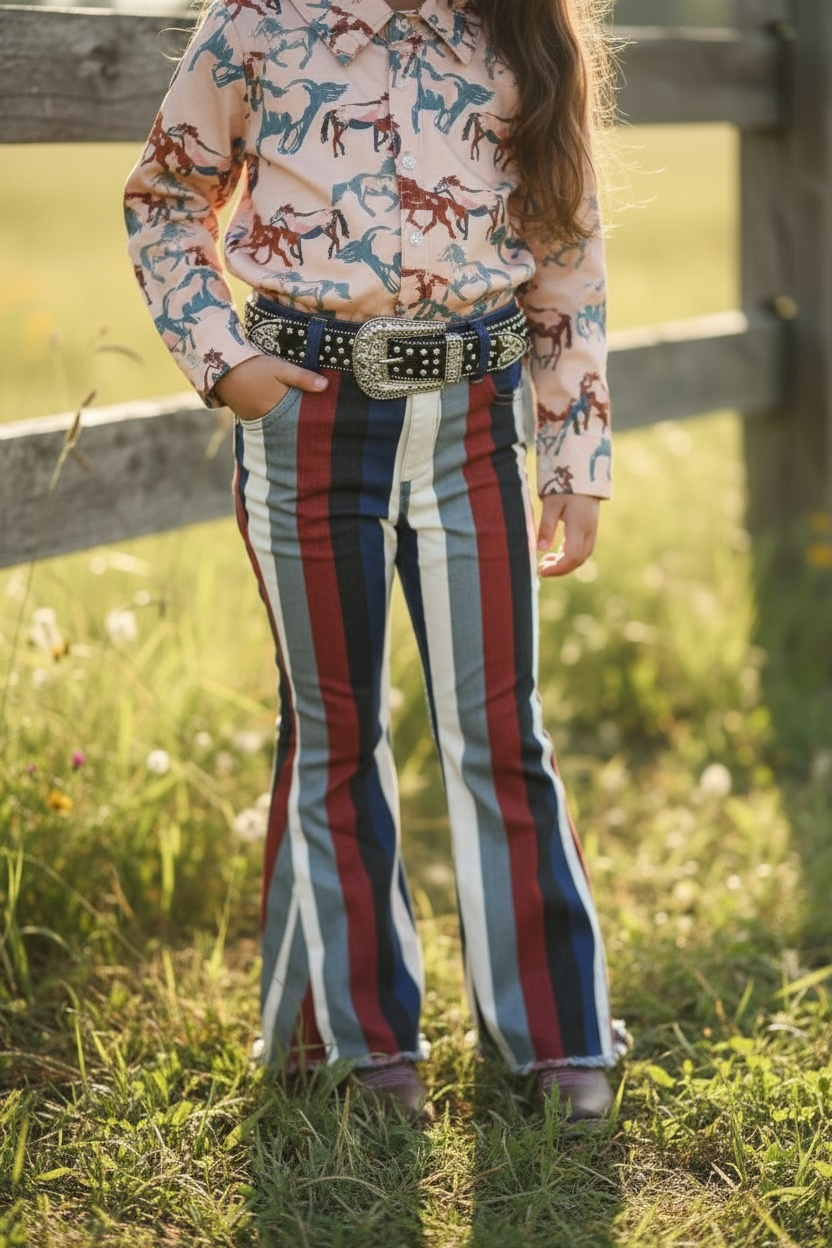 Multi-color stripe printed bootcut denim pants.