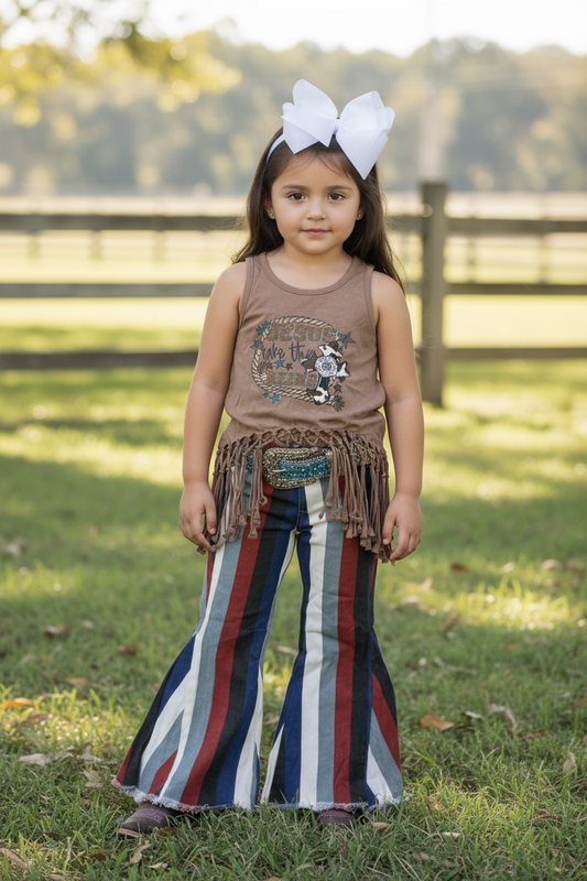 Multi-color stripe printed bootcut denim pants.