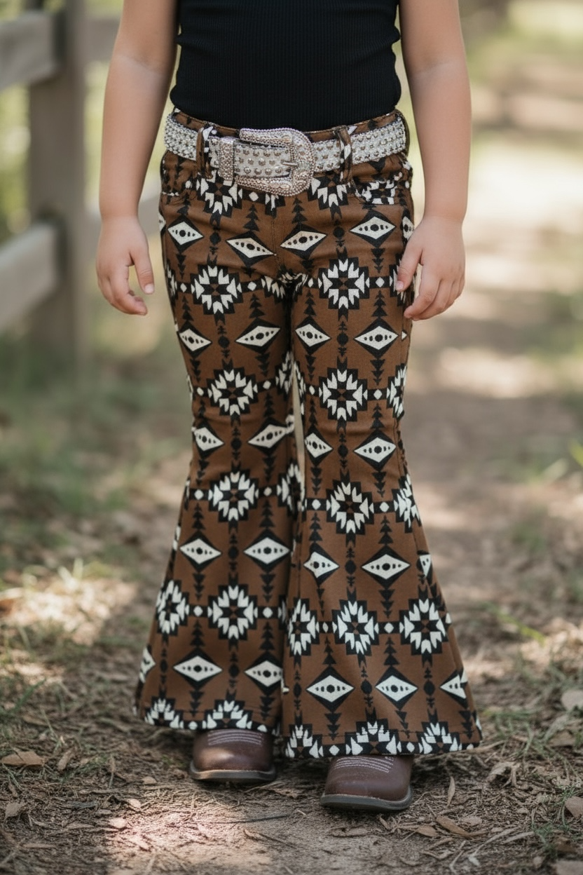 Brown aztec printed bootcut denim pants.