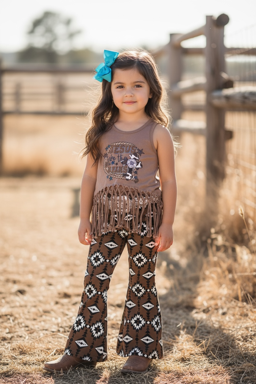 Brown aztec printed bootcut denim pants.