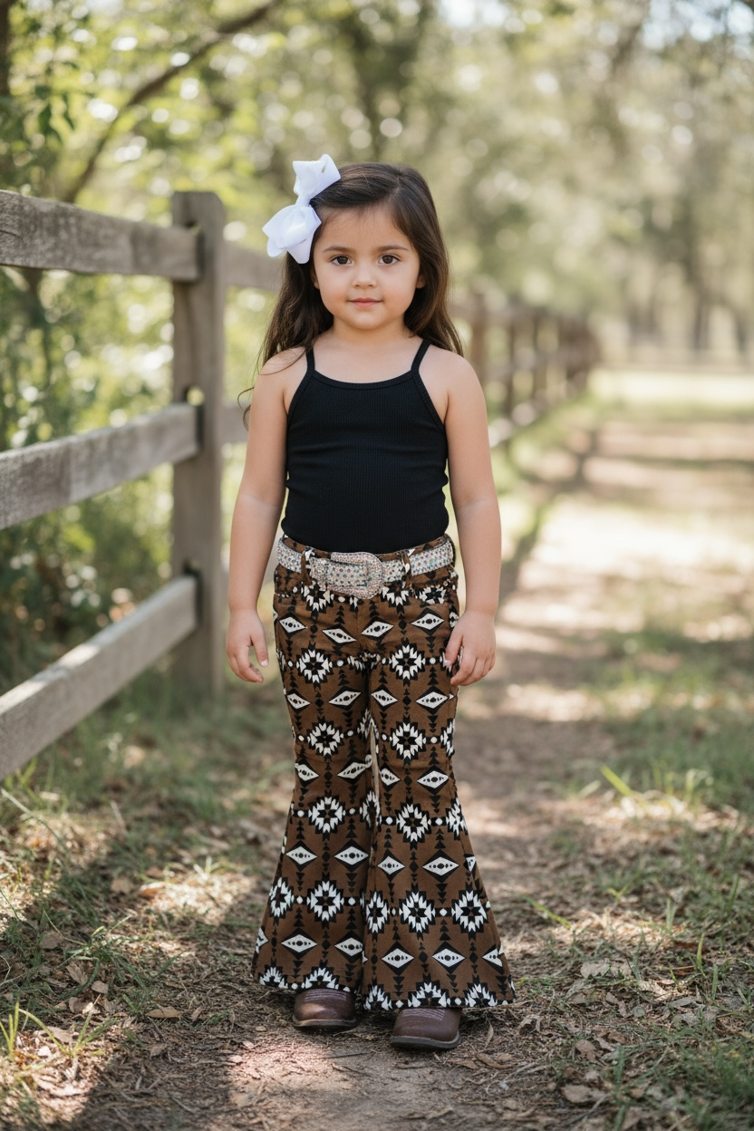 Brown aztec printed bootcut denim pants.