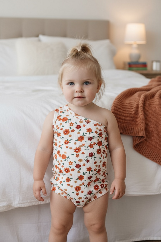 Cold shoulder ditsy floral bodysuit with snaps.