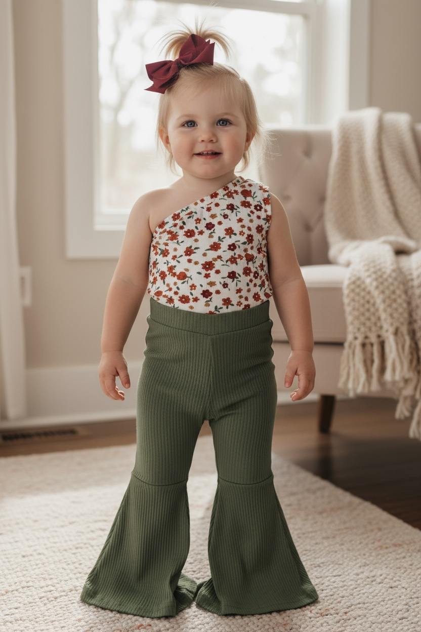 Moss green ribbed fabric bell bottoms.