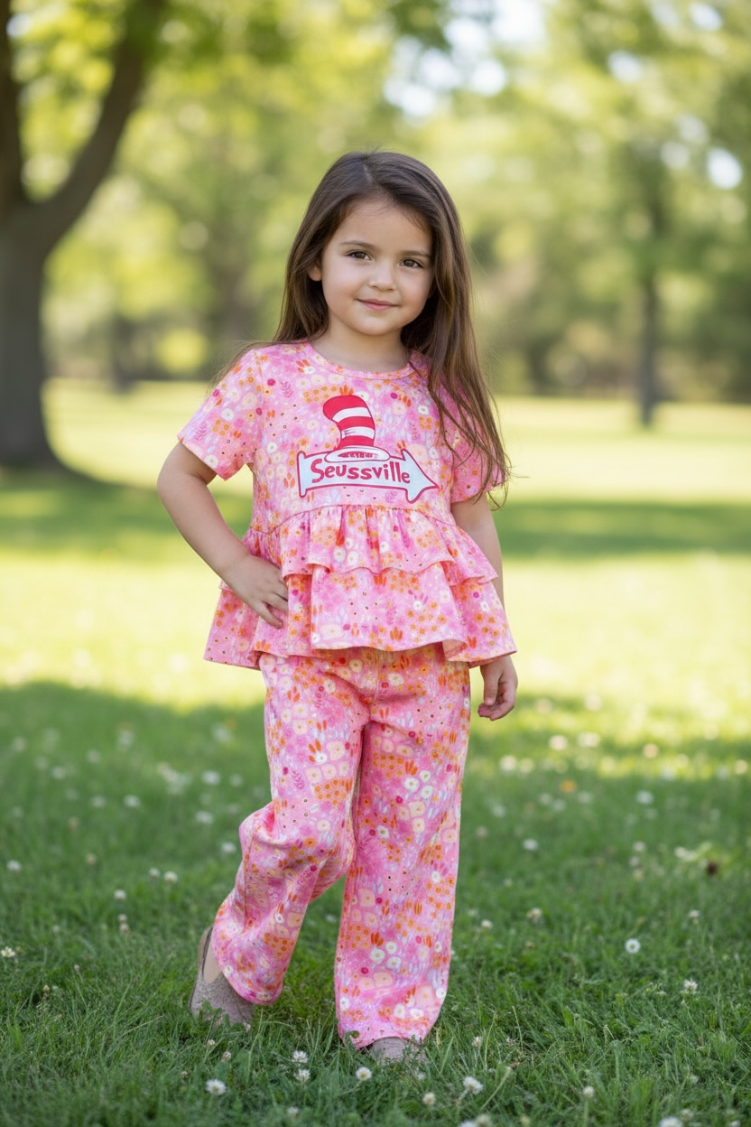 Seussville ruffle tunic and straight pants.