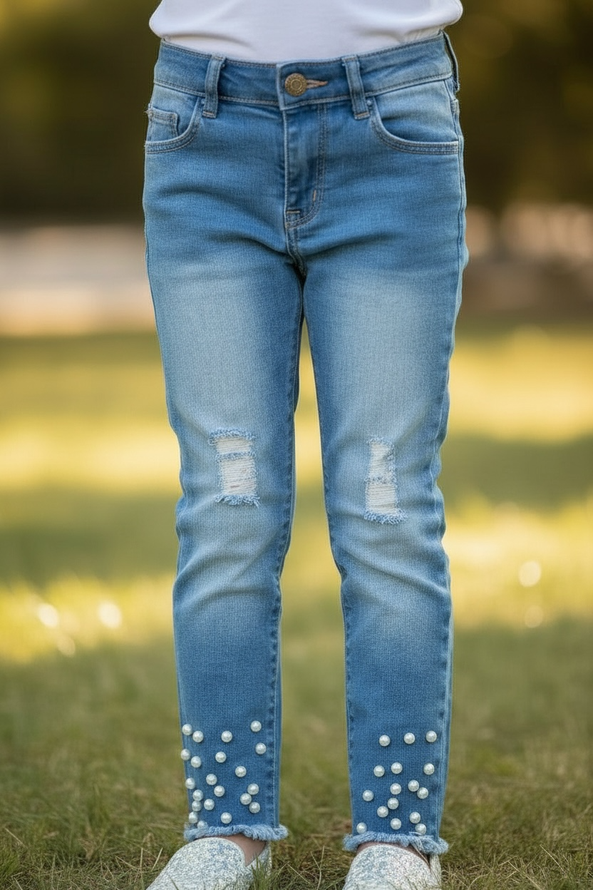 Distressed skinny jeans with snapped pearls.