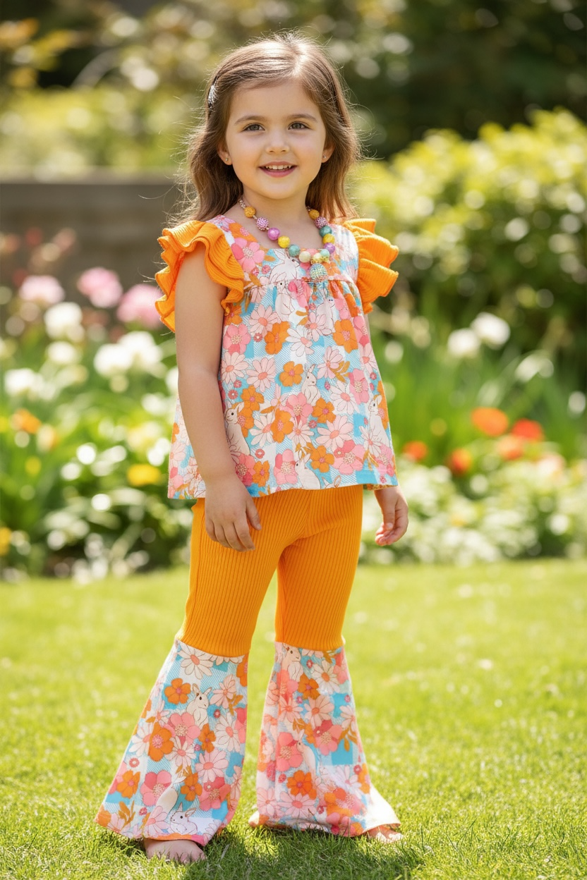 Easter bunny/ floral printed tunic and matching bell bottoms. OFG60145