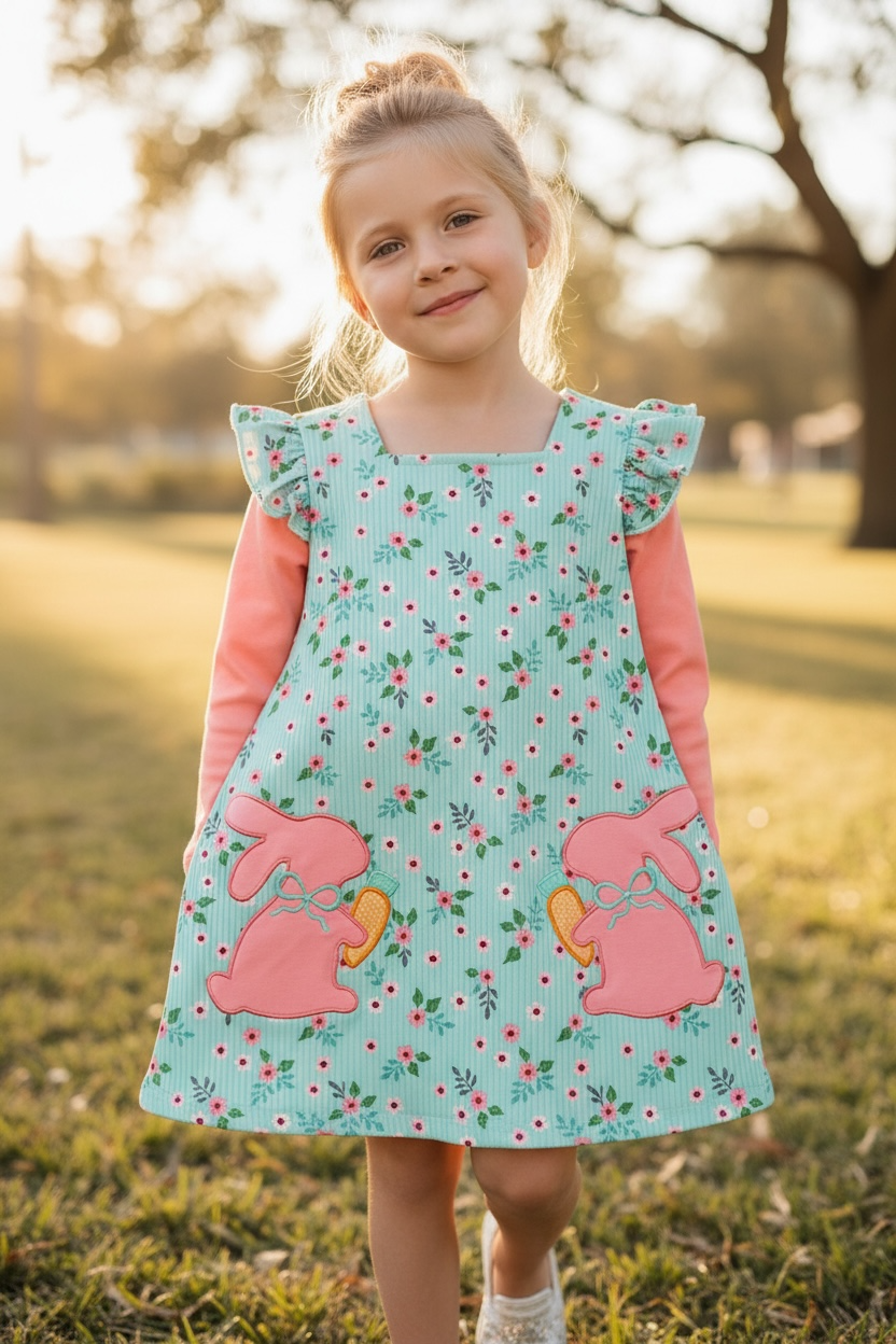 Floral ribbed long sleeve dress with bunny applique.