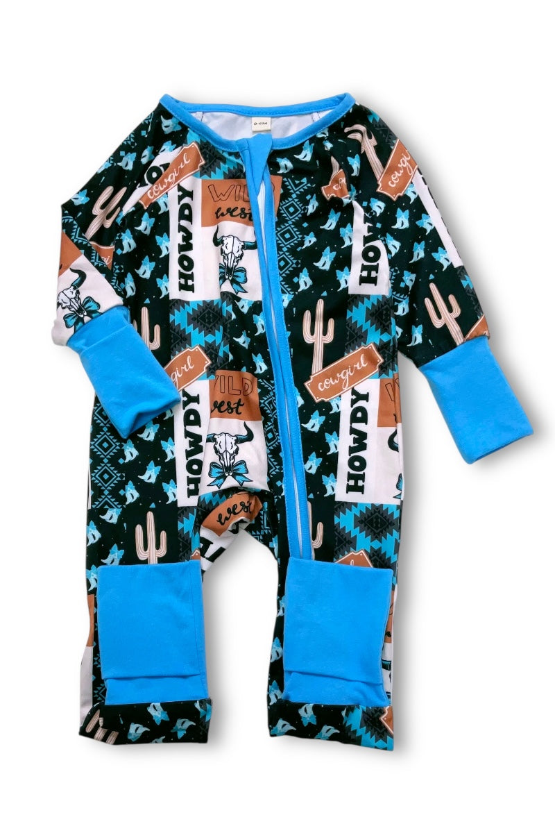 Wild western multi- printed baby onesie with fold over footie and hands.