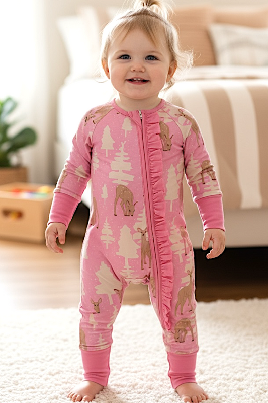 Christmas tree printed baby onesie with ruffle.