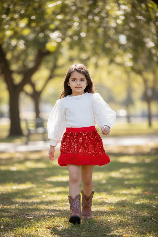 Red sequins skirt with faux fur trim.
