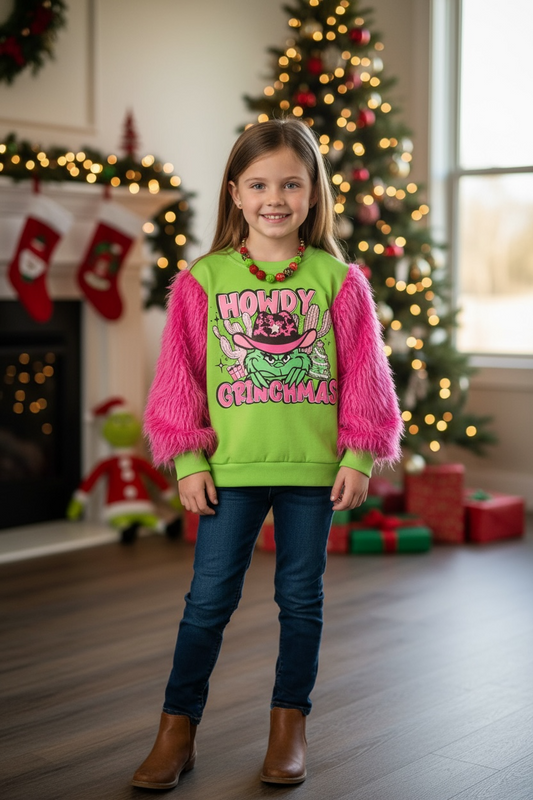 Howdy Grinchmas" Green and pink faux fur sleeve Christmas character sweatshirt.