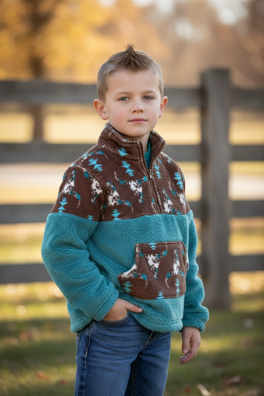 Sherpa & fleece aztec printed on teal pullover. (WESTERN)