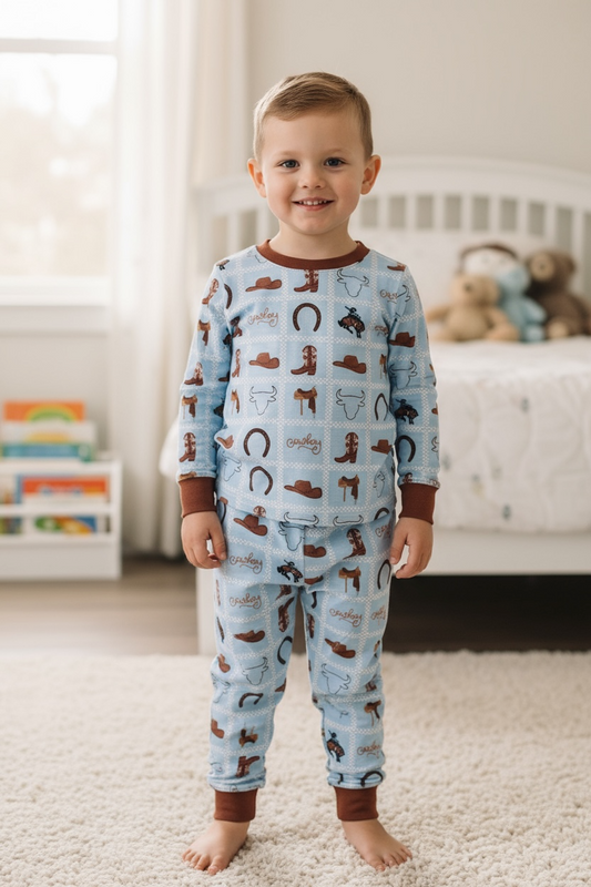 Boys LT. blue multi printed western pajamas.