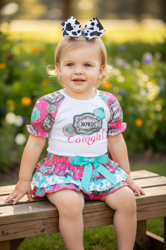 Howdy Cowgirl" multi-printed baby onesie & bloomers.