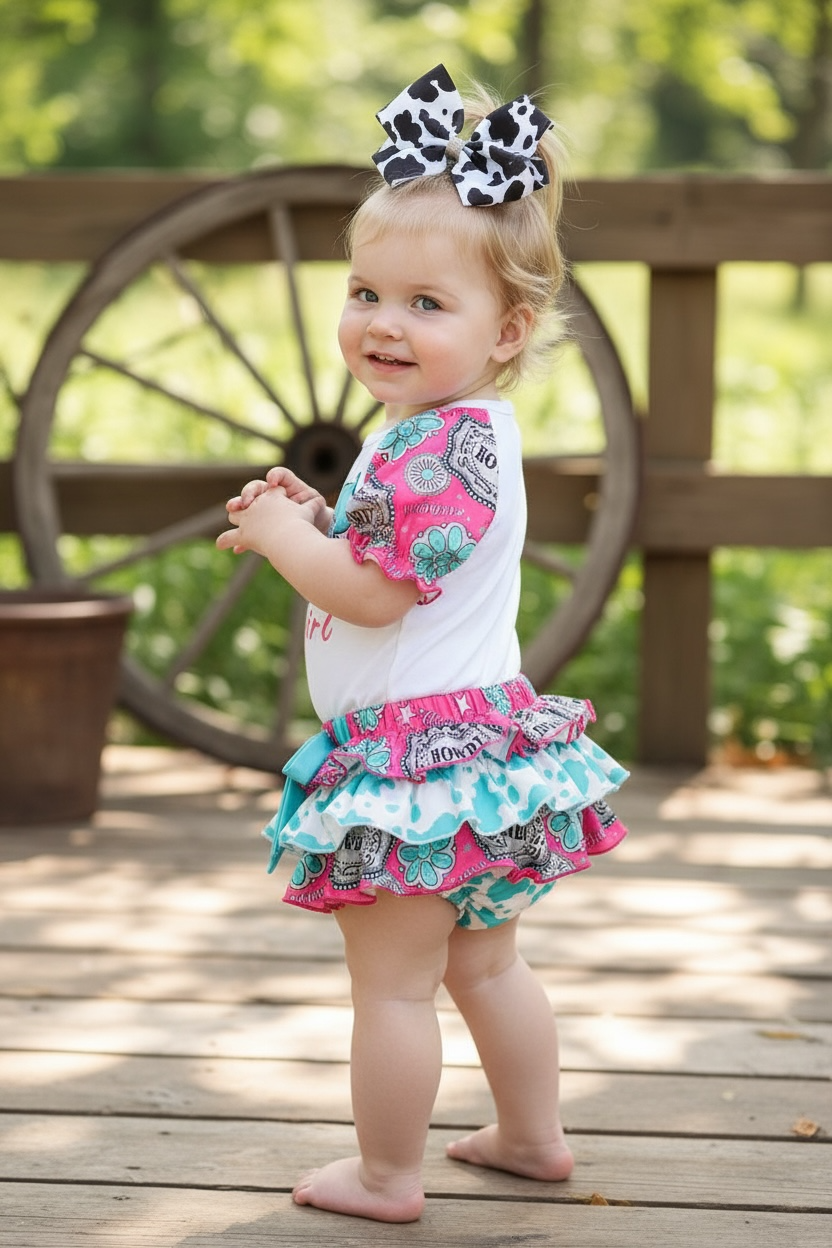 Howdy Cowgirl" multi-printed baby onesie & bloomers.
