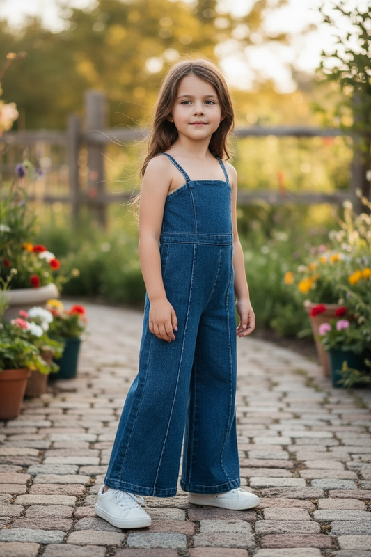 Cute dark blue denim jumpsuit with back zipper.