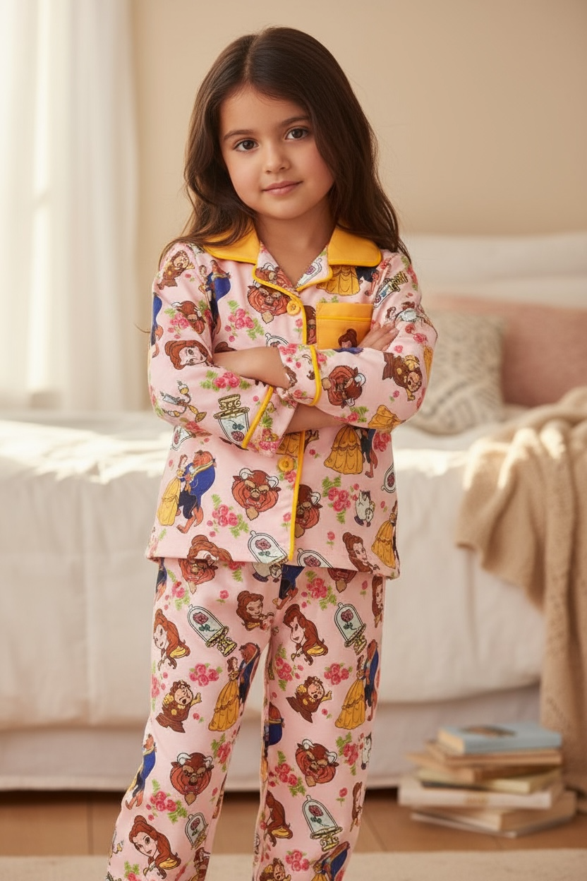 Pink Character printed girls pajamas.