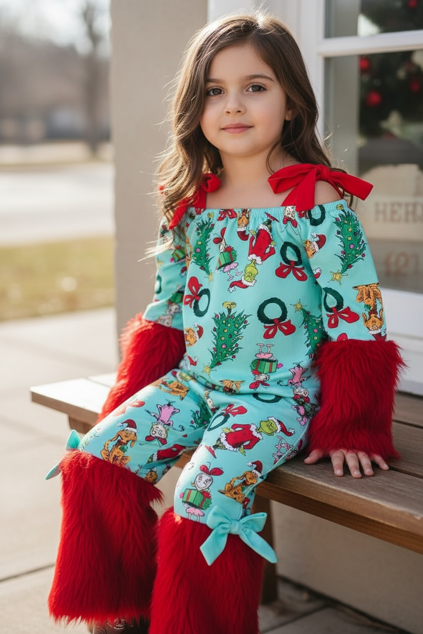 Christmas character 2 piece set on pink with red fur.