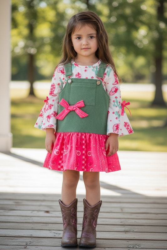 Ever Green corduroy suspender dress with Paisley hem and long sleeve shirt. (Western)