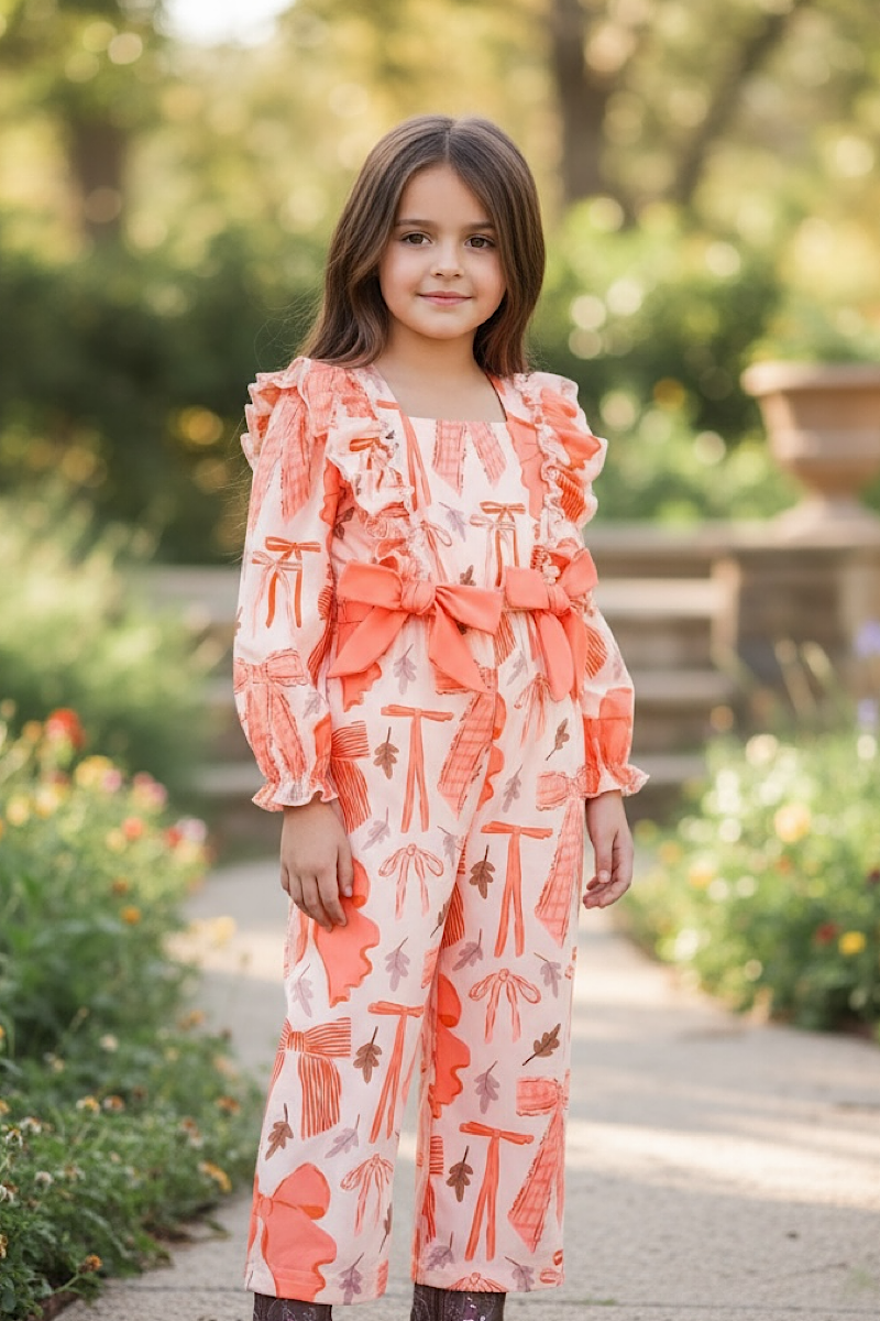 Coral coquette printed girls romper/long sleeve.