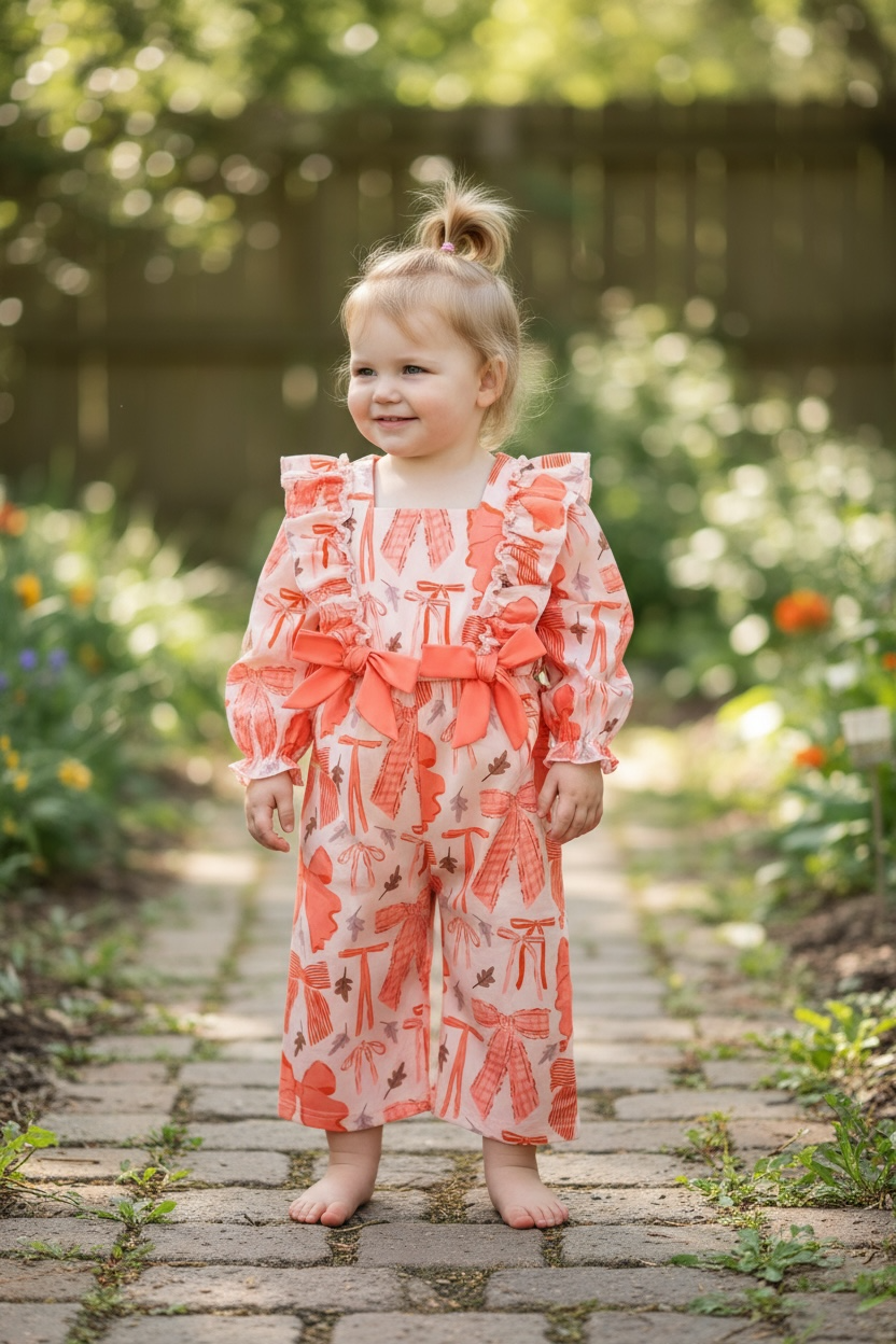 Coral coquette printed girls romper/long sleeve.