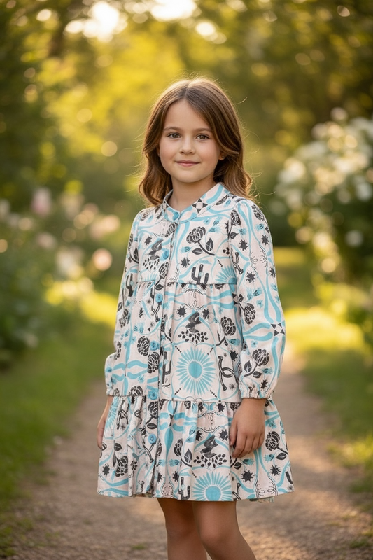 Aqua floral printed girl tiered dress.