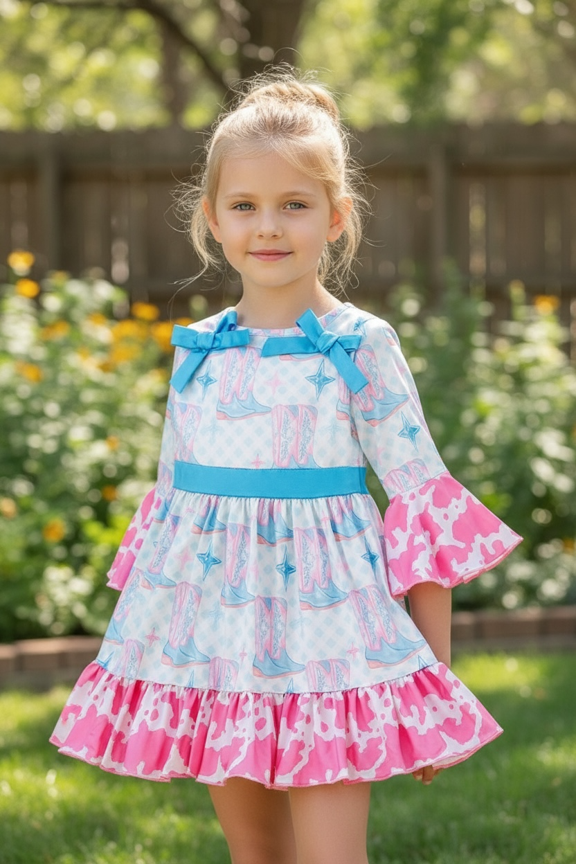 Cowgirl boot printed girls dress with cow printed ruffle hem. DRG53440