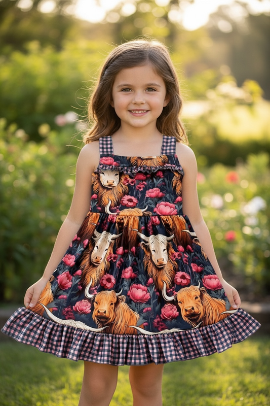 Highland cow printed dress. DRG54116