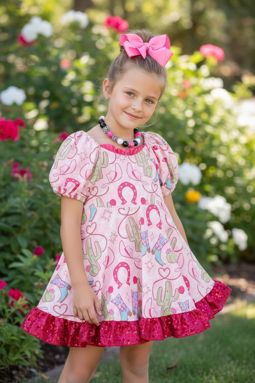 Shoe horse printed on pink dress with bubble sleeve and sequins ruffle hem. (Western) DRG53964