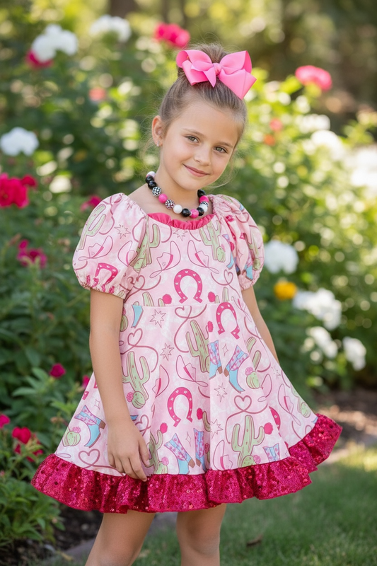 Shoe horse printed on pink dress with bubble sleeve and sequins ruffle hem. (Western) DRG53964