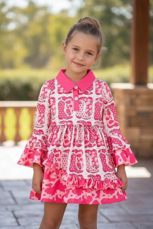 Cowgirl boot fuchsia printed dress with cow printed hem. (Western)