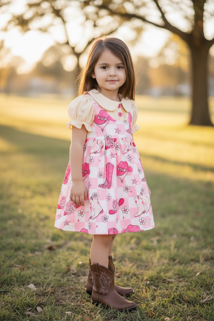 Western-checkered printed girls dress. DRG54119