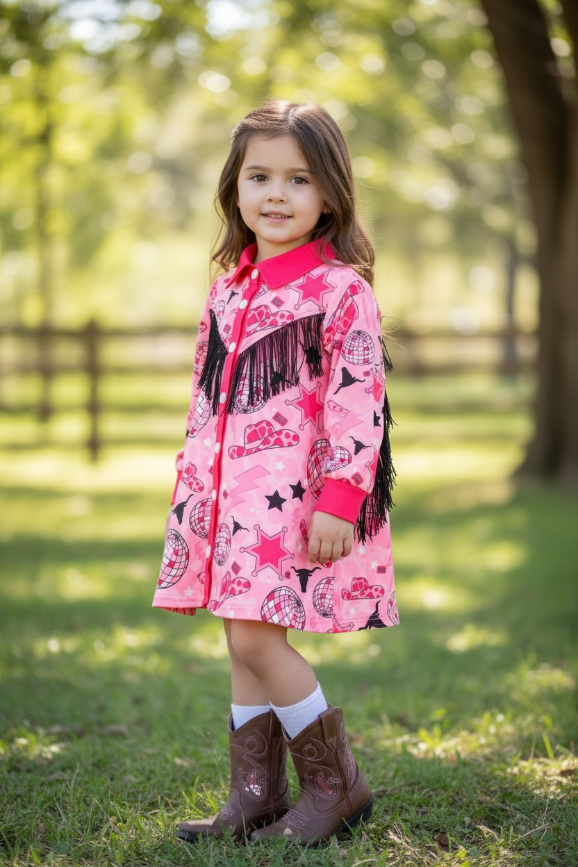 Disco, western printed girls dress with fringe. TPG50990