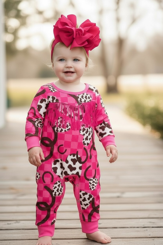 Checkered, heart & horse shoe printed baby onesie. (Western)