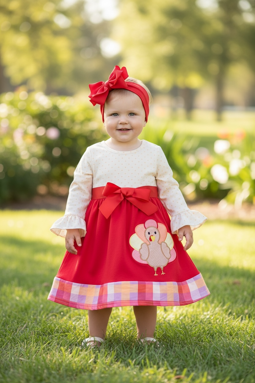 Turkey applique on fuchsia-cream dress.