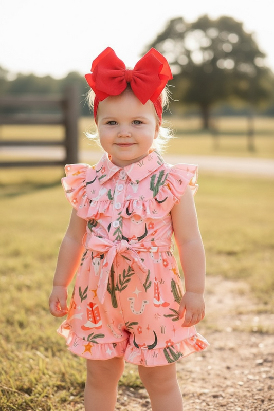 Cactus & cow skull printed girls romper. WESTERN-