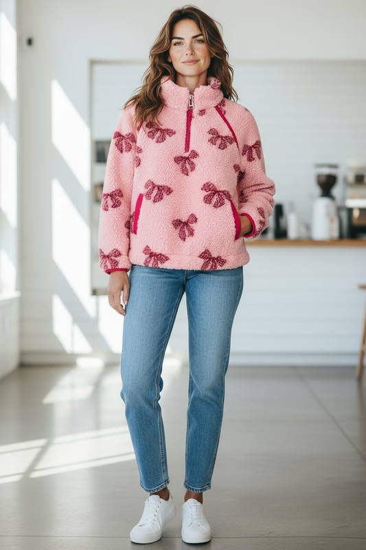 Women coquette sherpa bow printed pullover sweater.
