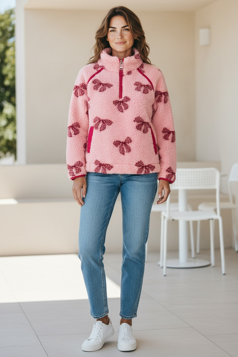 Women coquette sherpa bow printed pullover sweater.