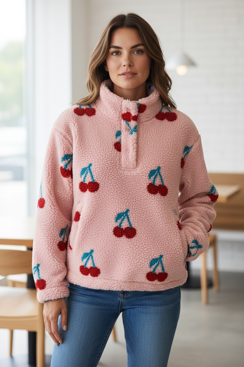 Women cherry printed printed pullover sweater.