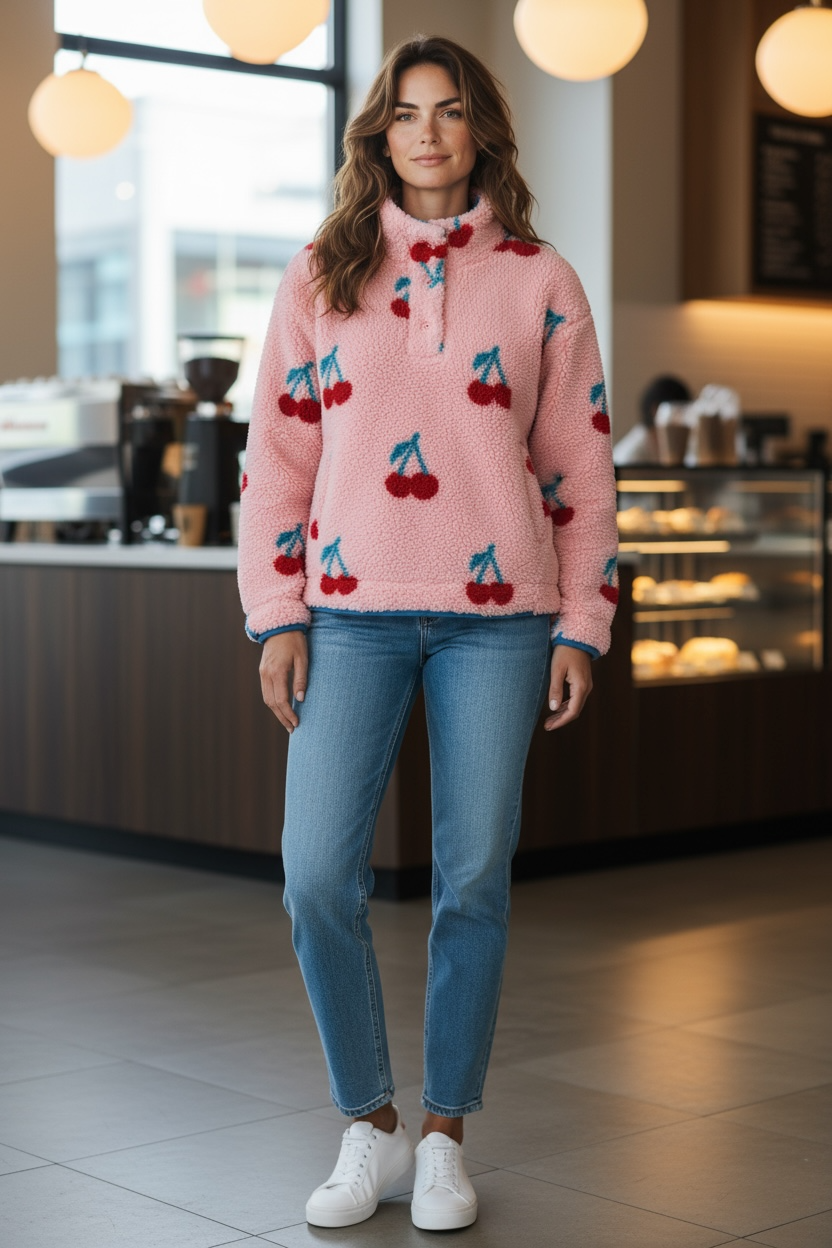 Women cherry printed printed pullover sweater.