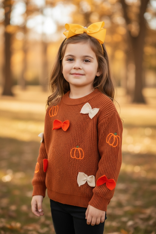 Brown pumpkin and bow knit pullover sweater.