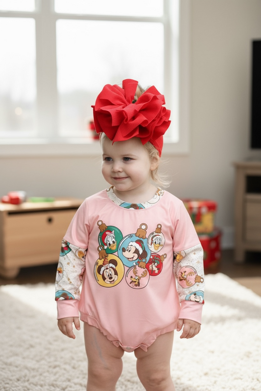 Cartoon ornament printed baby romper with snaps.